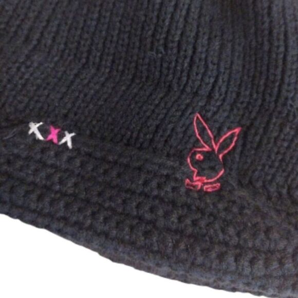 VTG Y2K PLAYBOY Bunny Black Knit Pink Embroidered Beanie Hat RARE - Picture 7 of 12